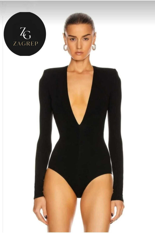 Padded Silk Jersey Deep V Neck Bodysuit - Black