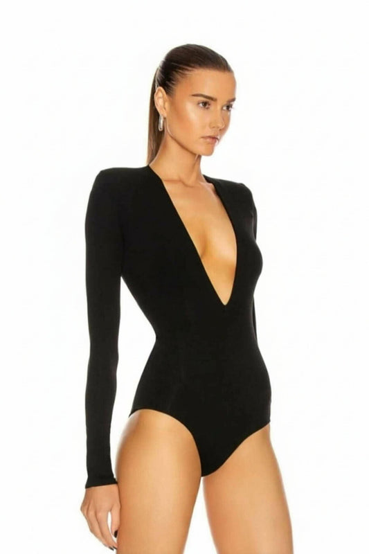 Padded Silk Jersey Deep V Neck Bodysuit - Black
