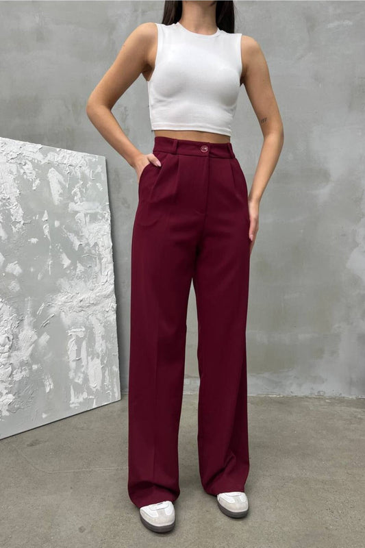 Palazzo Double Fabric Pants - Burgundy