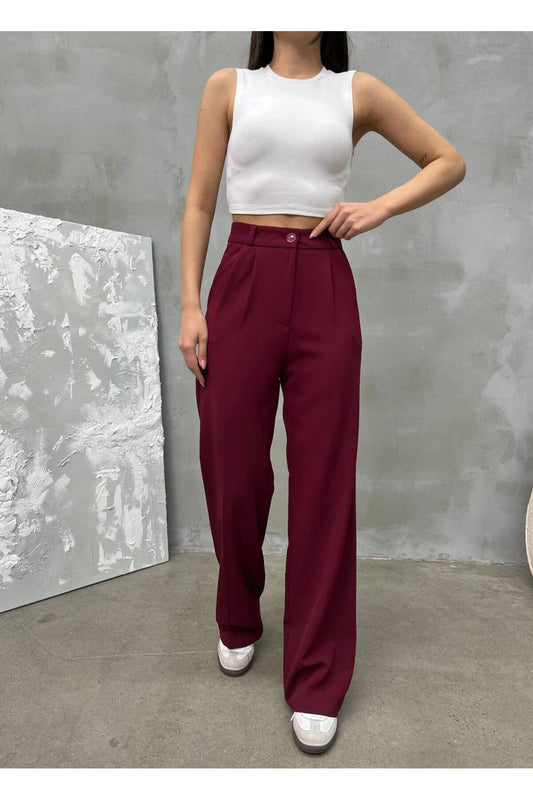 Palazzo Double Fabric Pants - Burgundy