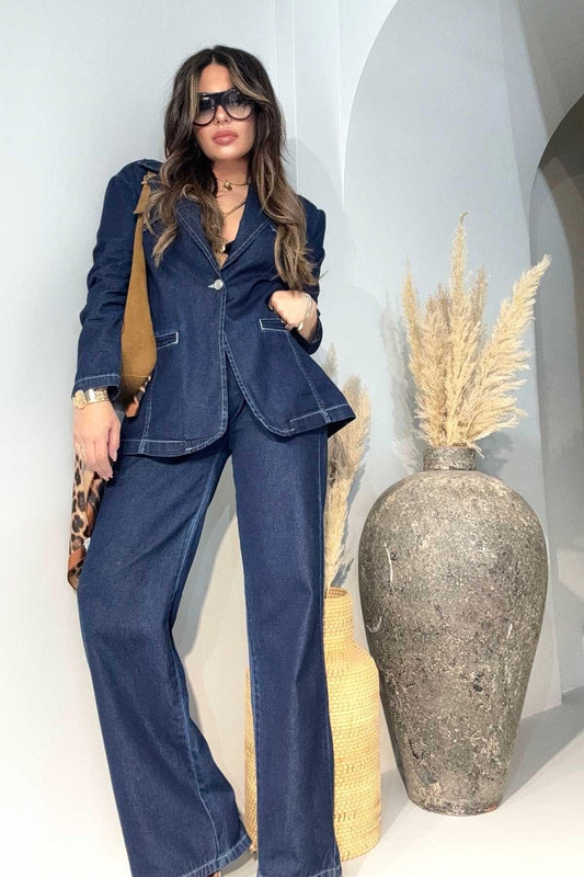 Palazzo Jean Stitch Detail Pants - Navy Blue