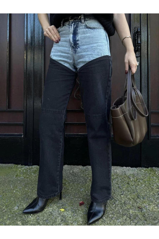 Palazzo Jeans Patchwork Pants - Black