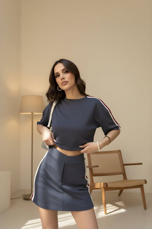 Paneled Osy Modal Crew Neck Skort Two-Piece Set - Smoke Gray