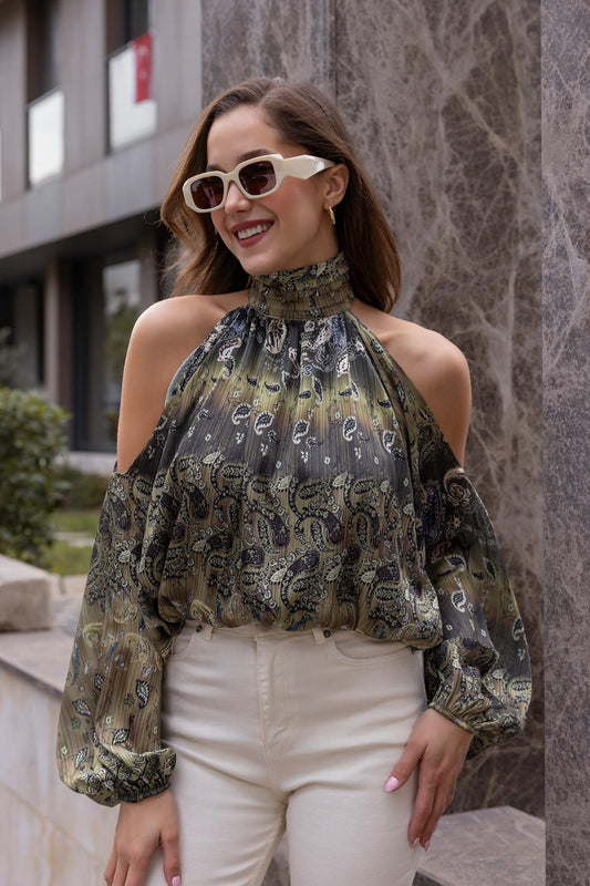 Patterned Chiffon Stand Collar Cold Shoulder Blouse - Green