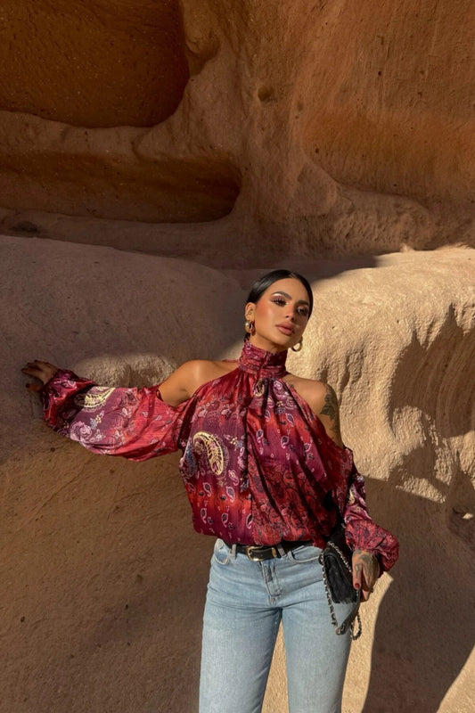 Patterned Chiffon Stand Collar Shoulder Cut-out Blouse - Burgundy