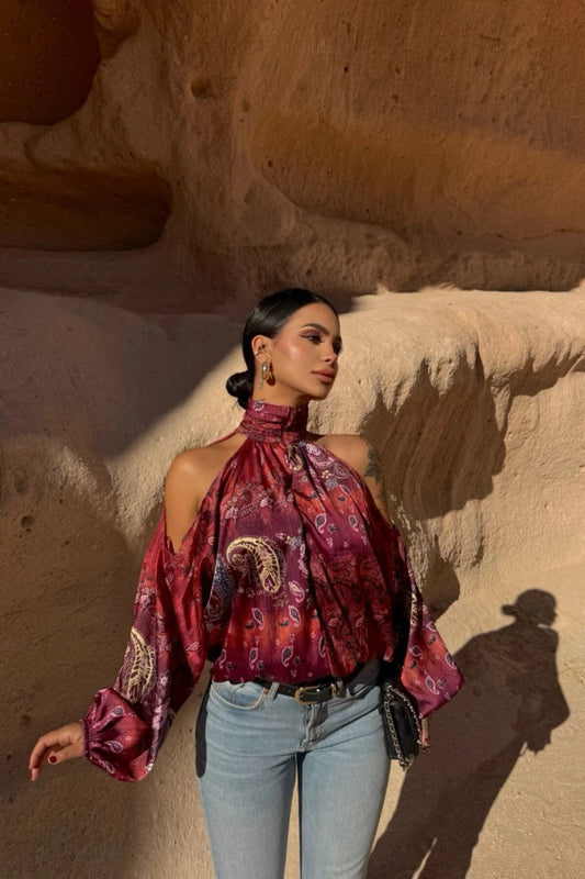 Patterned Chiffon Stand Collar Shoulder Cut-out Blouse - Burgundy