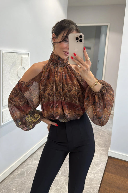 Patterned Chiffon Stand Collar Shoulder Cutout Blouse - Orange