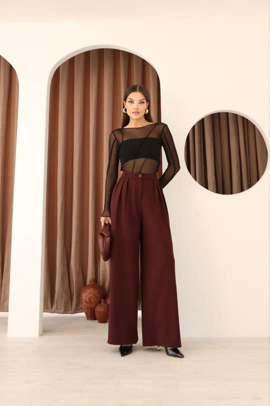 Pleated High-Waist Palazzo Wide-Leg Pants - Burgundy