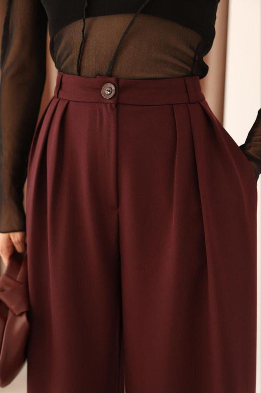 Pleated High-Waist Palazzo Wide-Leg Pants - Burgundy