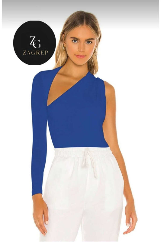 Plunging Neckline Ruched Shoulder Jersey Bodysuit - Sapphire Blue
