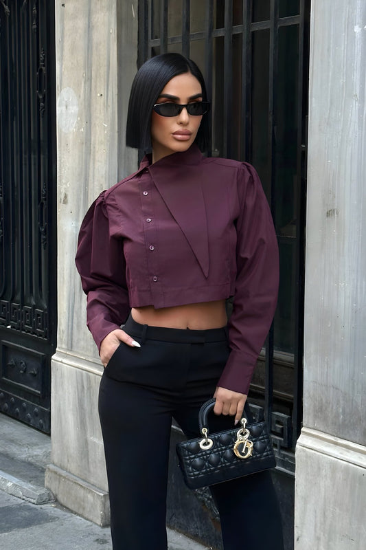 Poplin Asymmetric Collar Shirt - Burgundy