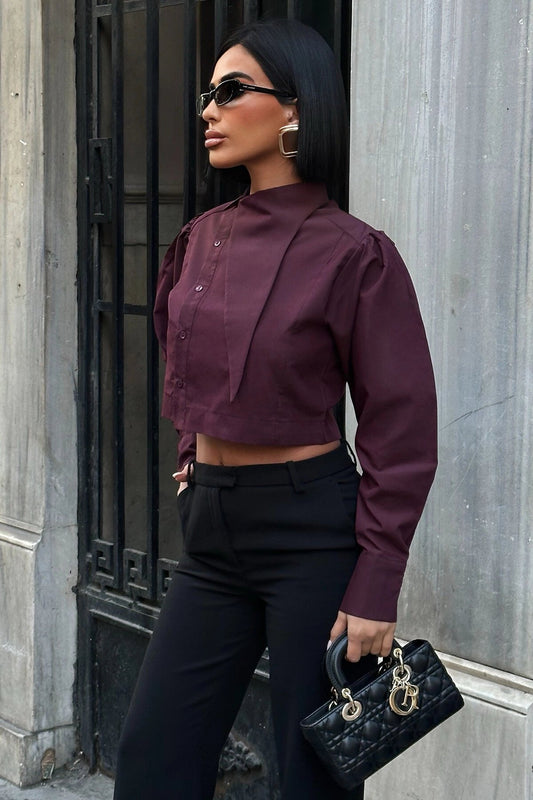 Poplin Asymmetric Collar Shirt - Burgundy