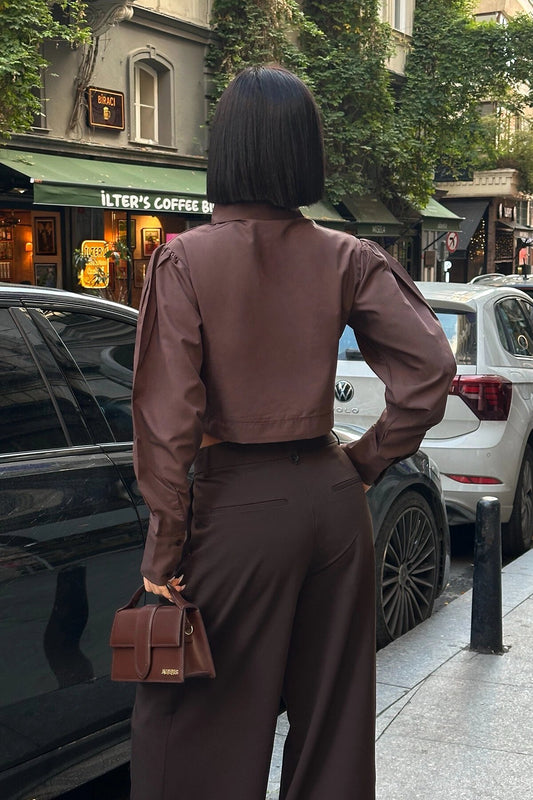 Poplin Asymmetrical Collar Shirt - Brown