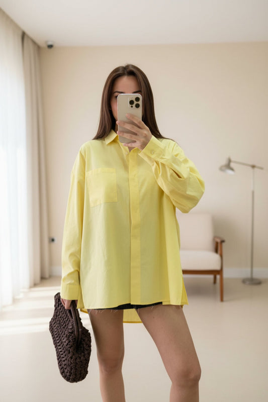 Poplin Collared Side Slit Back Dart Detail Shirt - Yellow