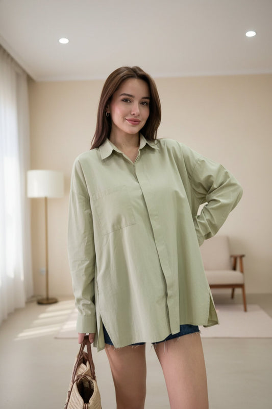 Poplin Collared Side-Slit Back-Dart Shirt - Green