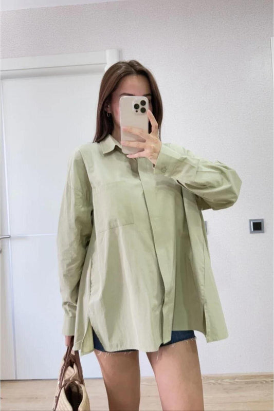 Poplin Collared Side-Slit Back-Dart Shirt - Green
