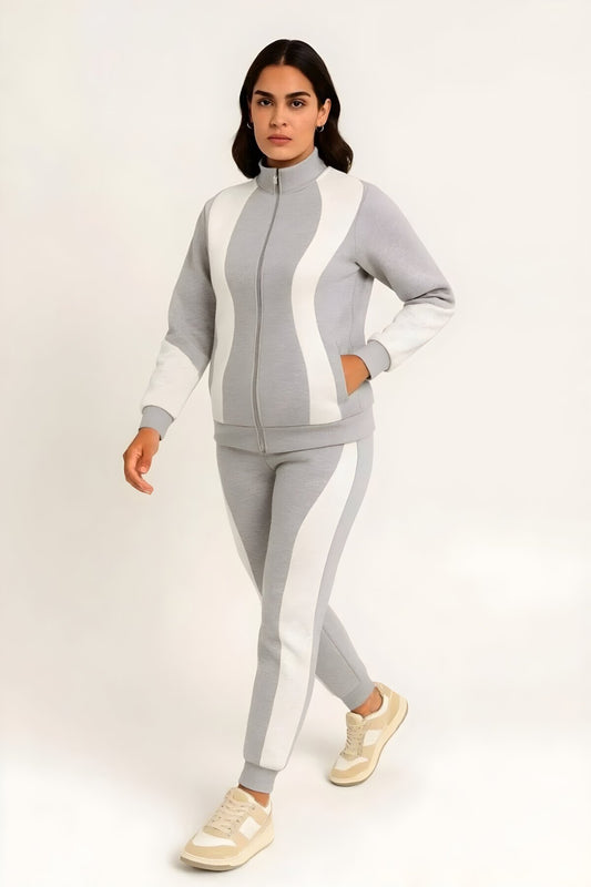 Premium Paneled Stand-Up Collar Zippered Tracksuit Set - Grey