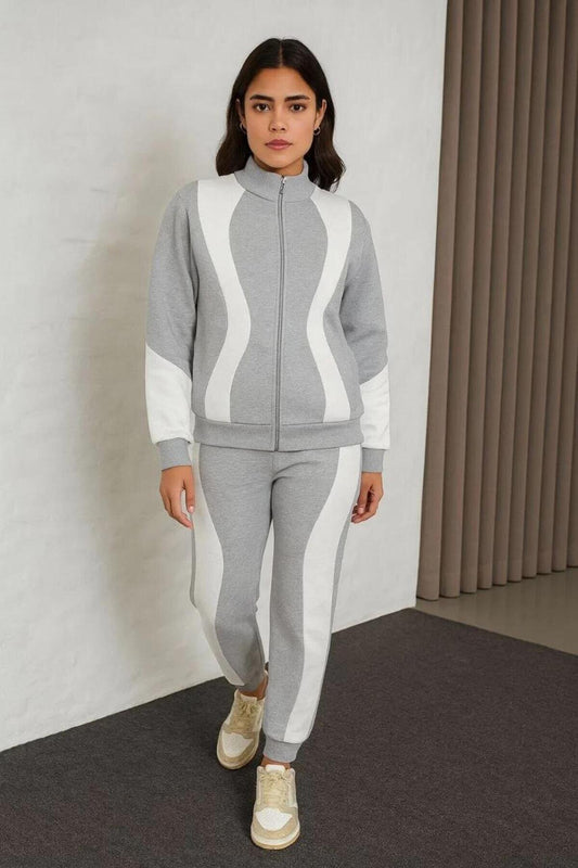 Premium Paneled Stand-Up Collar Zippered Tracksuit Set - Grey