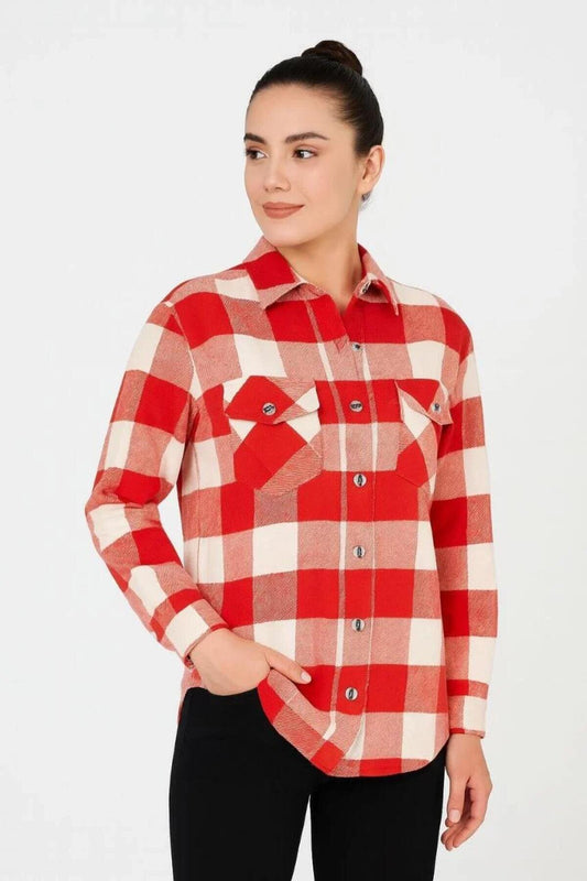 Regular Fit Brushed Plaid Double Pocket Shirt - Red White