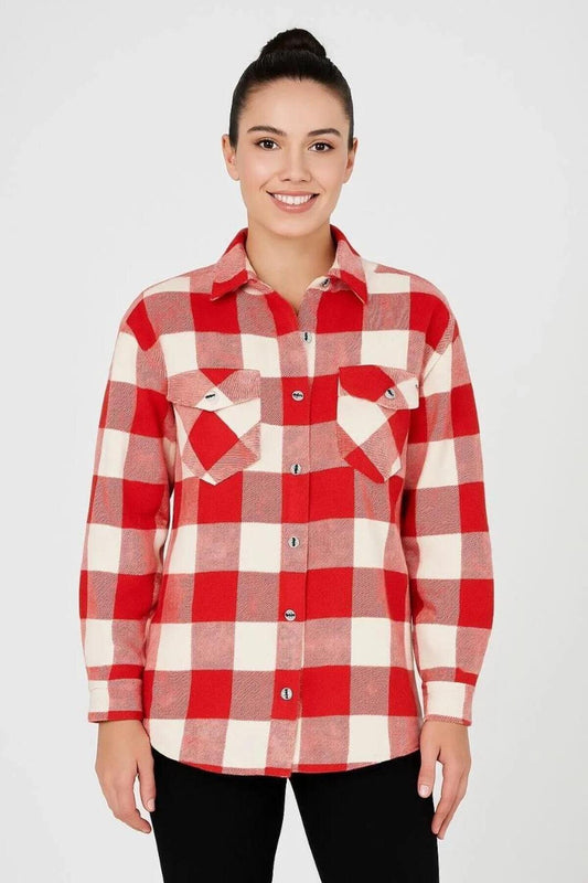 Regular Fit Brushed Plaid Double Pocket Shirt - Red White