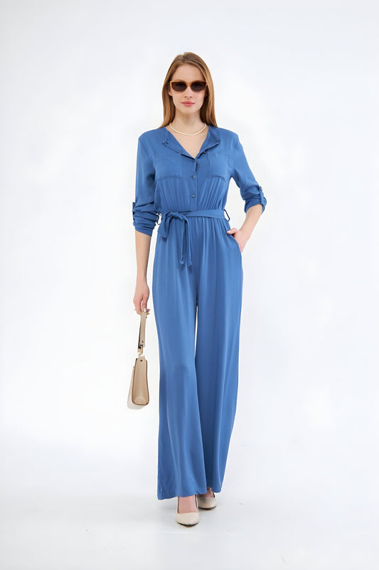 Relaxed Fit Long Sleeve Belted Jumpsuit - Indigo Blue