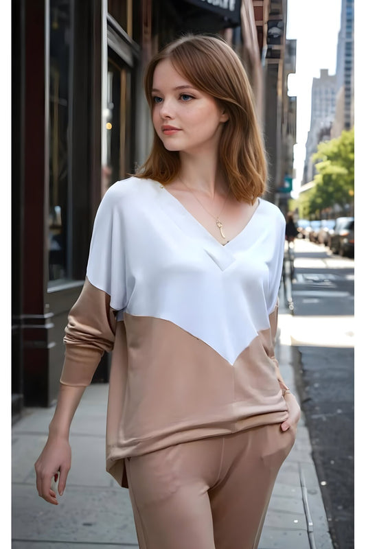 Relaxed Fit Soft Textured V-Neck Jersey Blouse - Beige White