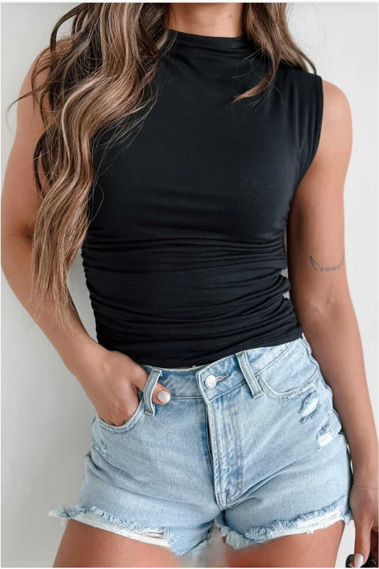 Seamless Stretchy Sleeveless Turtleneck Ruched Blouse - Black
