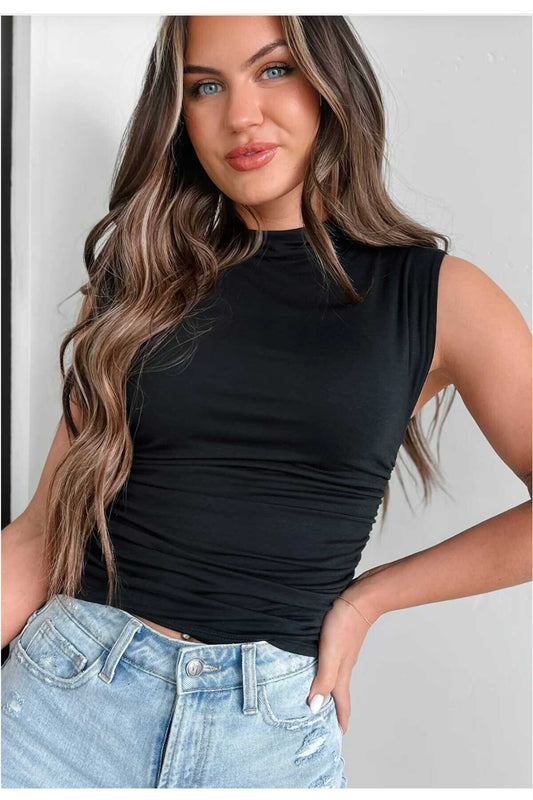 Seamless Stretchy Sleeveless Turtleneck Ruched Blouse - Black