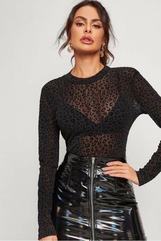 Sexy Leopard Textured Sheer Sleeved Snap Bodysuit - Black