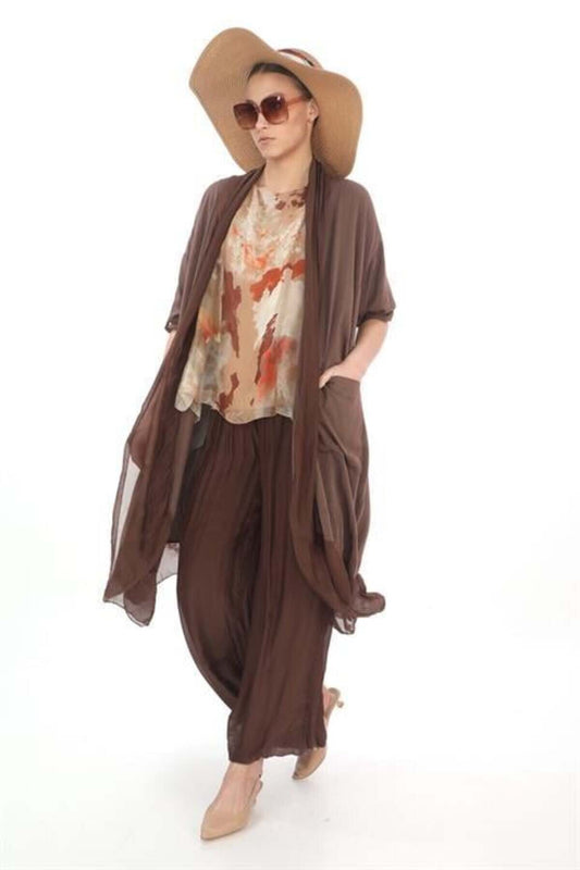 Shawled Italian Silk Cape Pants Set - Brown