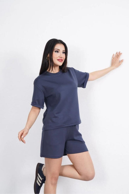 Short Osy Modal Soft Textured Crew Neck T-shirt Shorts Set - Anthracite