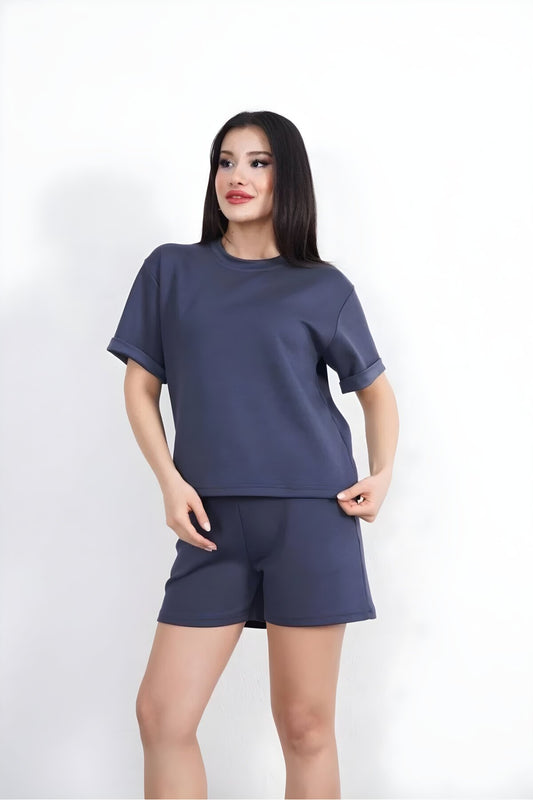 Short Osy Modal Soft Textured Crew Neck T-shirt Shorts Set - Anthracite