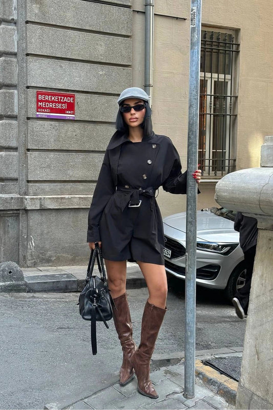 Short Premium Trenchcoat Button-Detail Belted Jumpsuit - Black