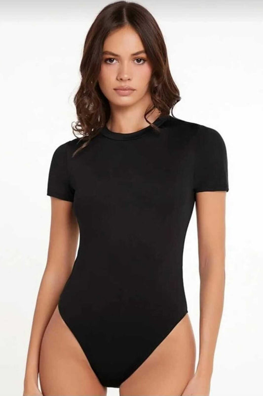 Short Sleeve Crew Neck Bodysuit - Black