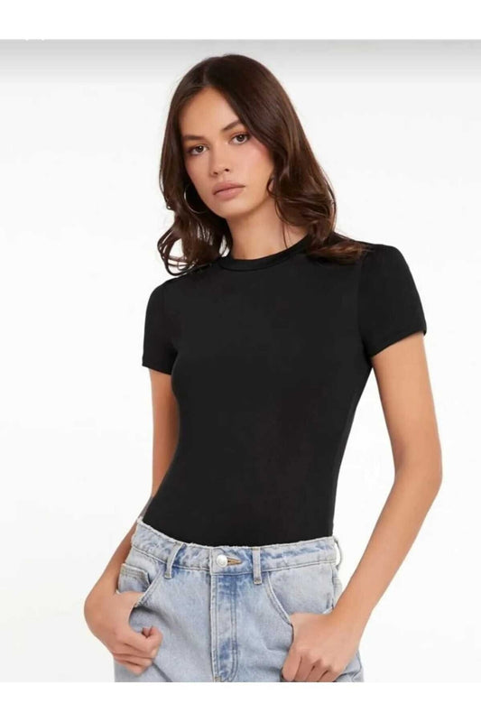 Short Sleeve Crew Neck Bodysuit - Black