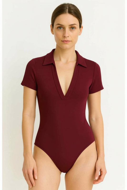 Short Sleeve Silk Jersey Placket Collar Body - Burgundy