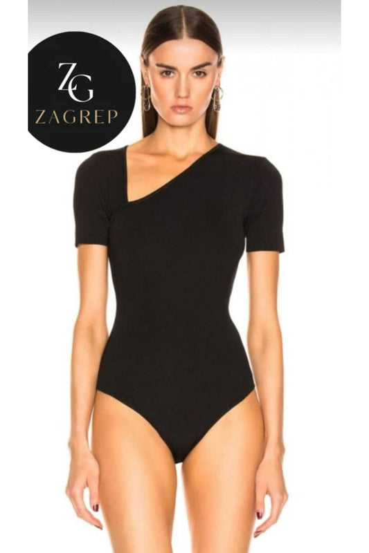 Short Sleeve Silk Jersey Plunging Bodysuit - Black