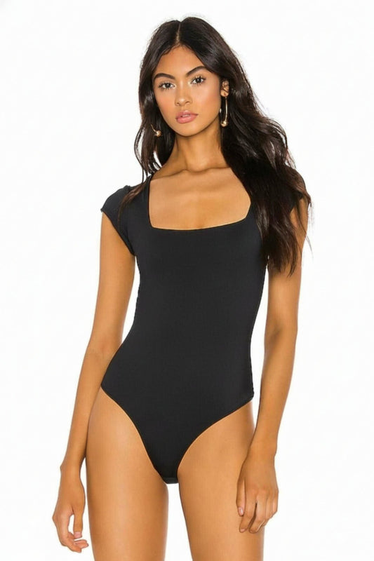 Short Sleeve Silk Jersey Square Neck Bodysuit - Black