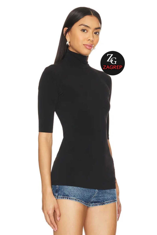 Short Sleeve Silk Jersey Turtleneck Blouse - Black