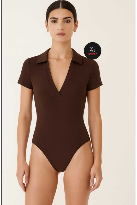 Short Sleeved Silk Jersey Placket Collar Bodysuit - Brown