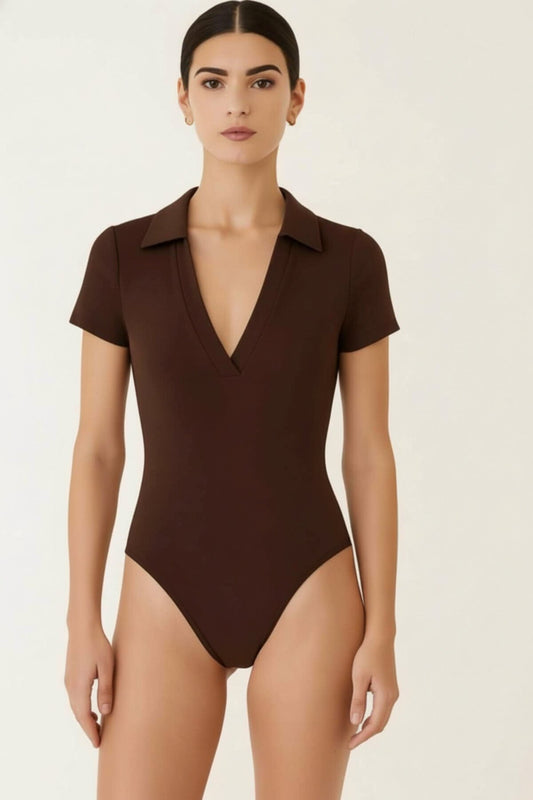 Short Sleeved Silk Jersey Placket Collar Bodysuit - Brown