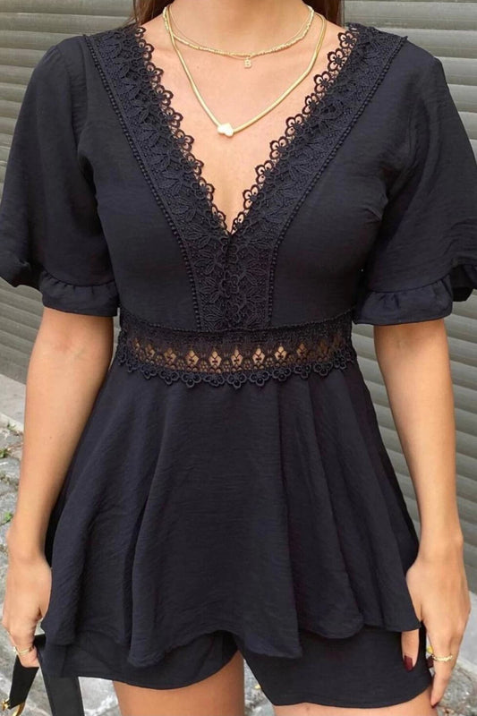 Short V-Neck Lace Detailed Jumpsuit - Black