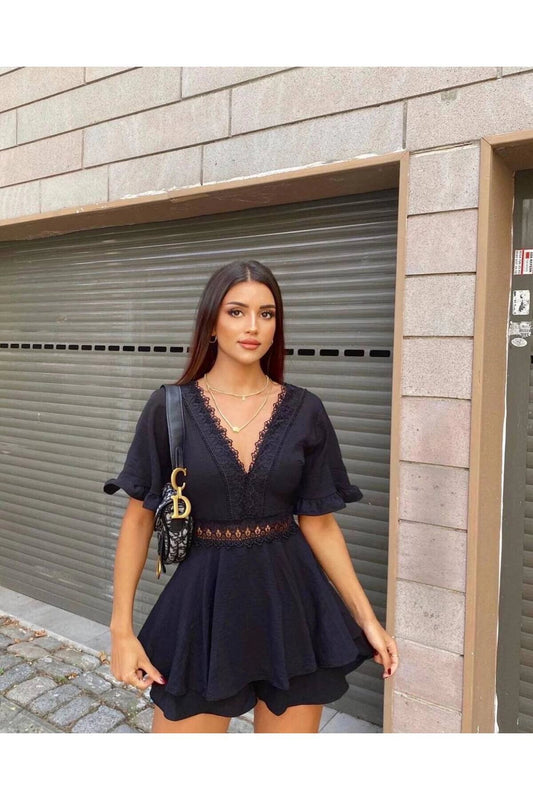 Short V-Neck Lace Detailed Jumpsuit - Black