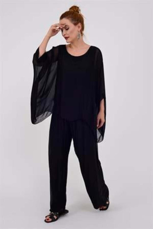 Silk Batwing Sleeve Italian Lined Pants Blouse Set - Black
