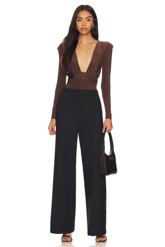 Silk Jersey Deep V Neck Gathered Bodysuit - Dark Brown