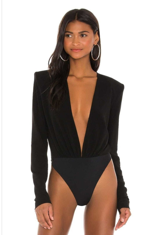 Silk Jersey Deep V Padded Gathered Waist Bodysuit - Black