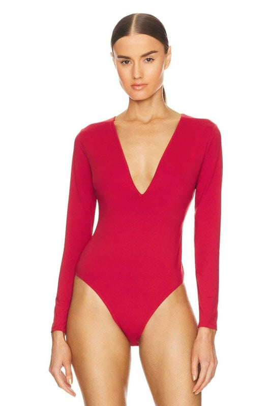Silk Jersey Double-Layered V-Neck Bodysuit - Red