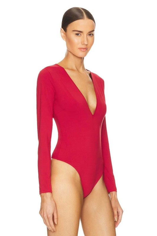 Silk Jersey Double-Layered V-Neck Bodysuit - Red