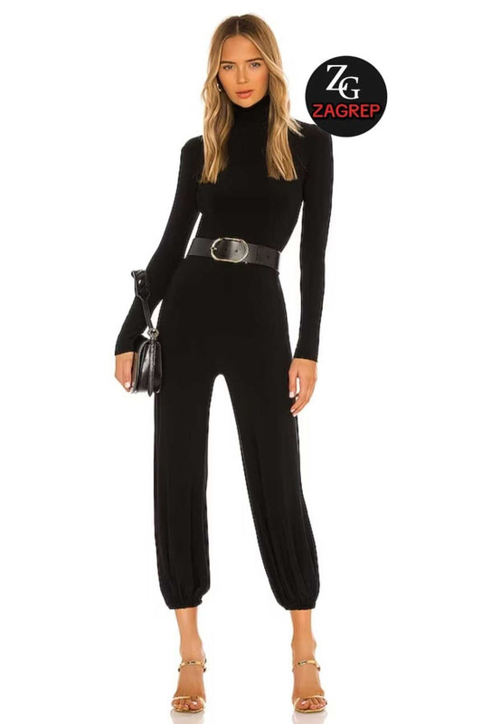 Silk Jersey Mock Neck Zippered Jumpsuit - Black