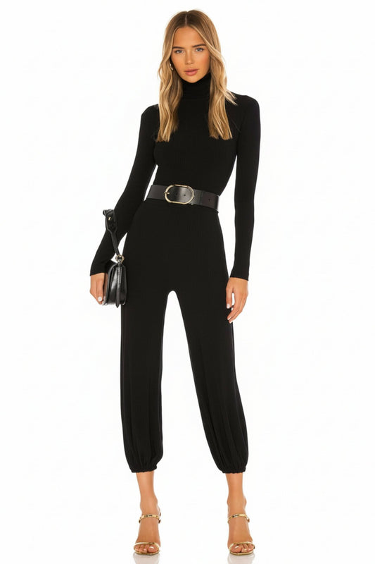 Silk Jersey Mock Neck Zippered Jumpsuit - Black